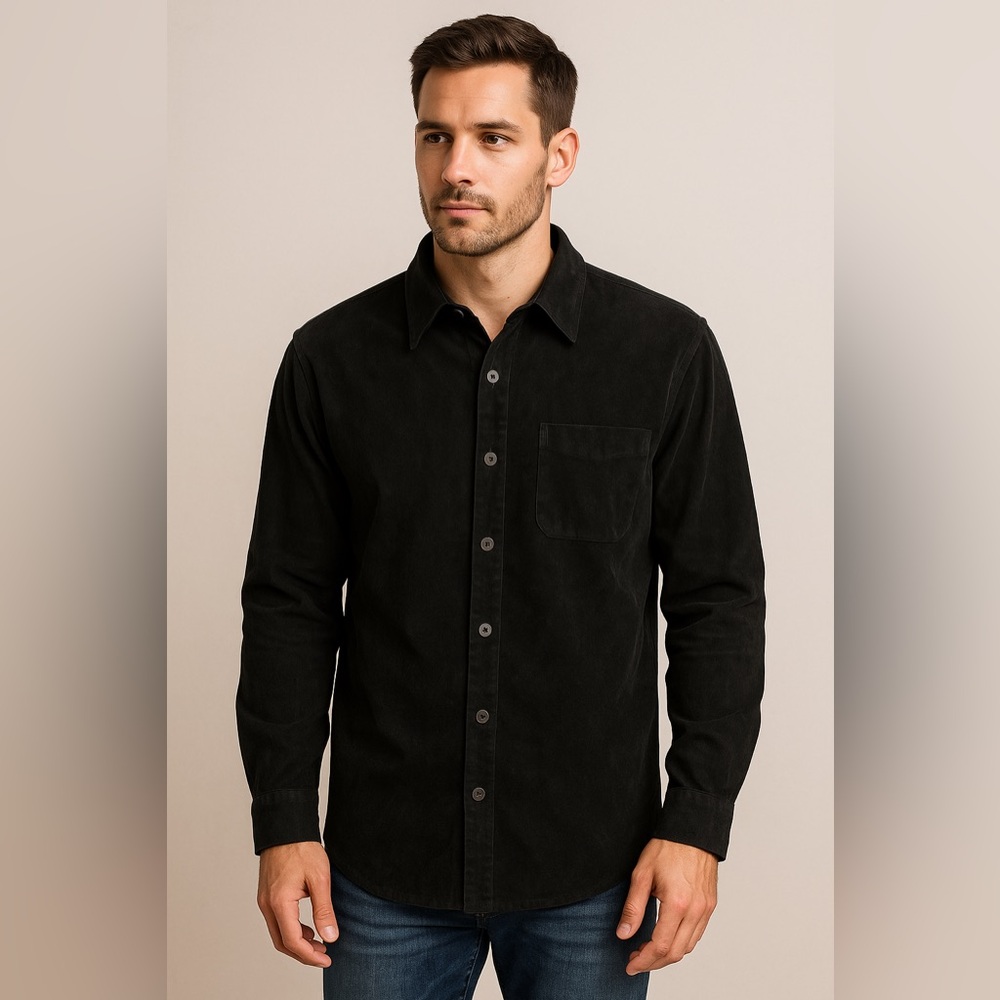 Marsh Landing Black Faux Suede Leather Button Down Shirt Jacket L